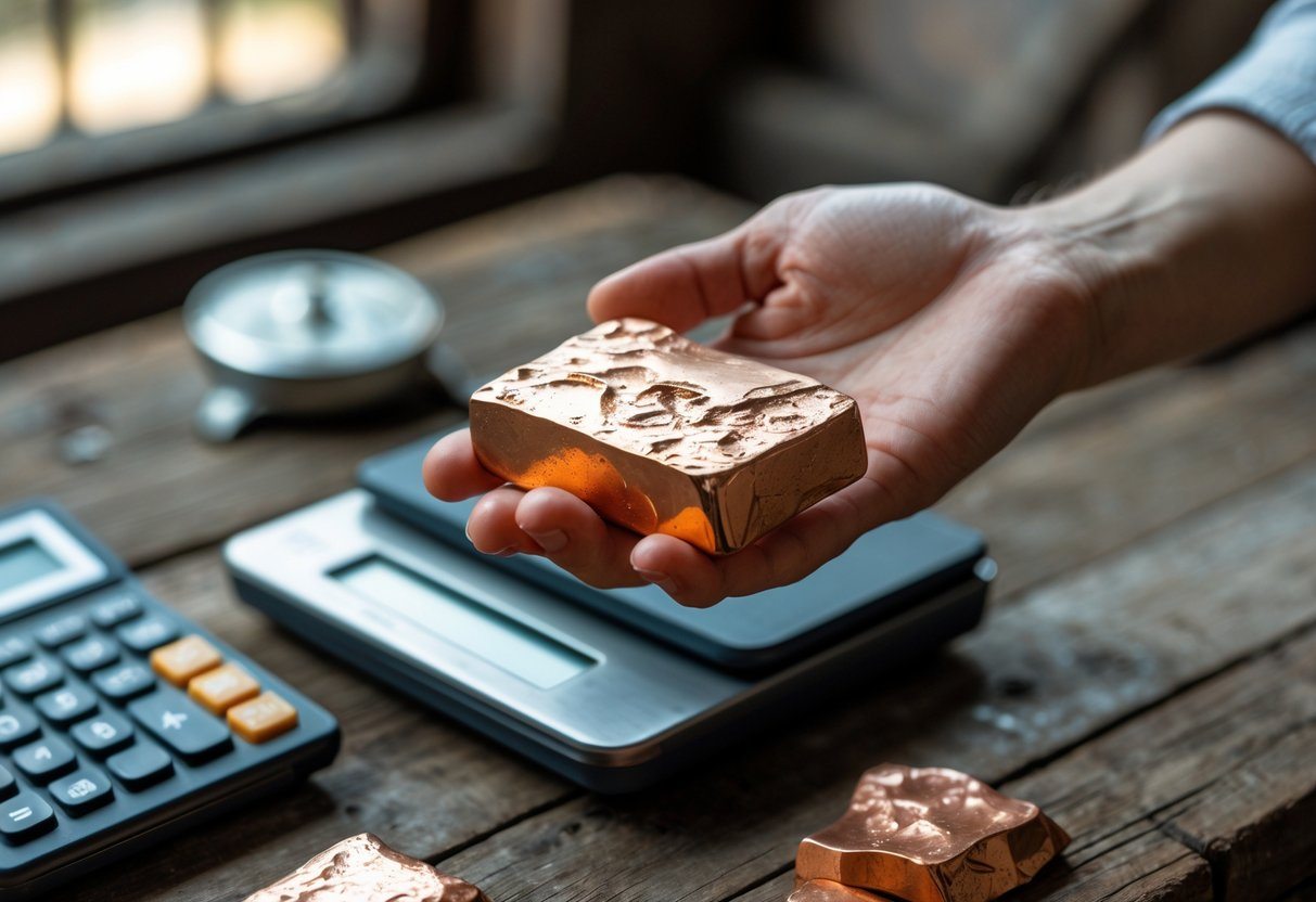 Mão segurando pedaços de bronze sobre uma mesa com balança digital e calculadora ao fundo.