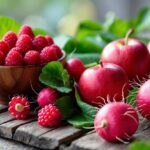 Uma variedade de frutas vermelhas frescas, incluindo framboesas, rabanetes, maçãs-rosa e rambutãs, dispostas sobre uma superfície de madeira.