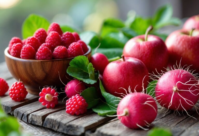 Uma variedade de frutas vermelhas frescas, incluindo framboesas, rabanetes, maçãs-rosa e rambutãs, dispostas sobre uma superfície de madeira.