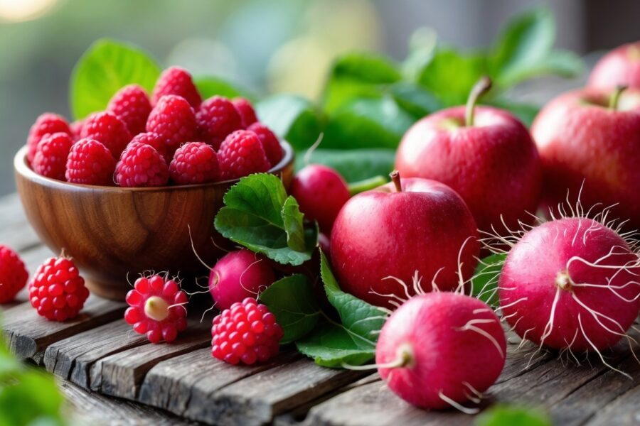 Uma variedade de frutas vermelhas frescas, incluindo framboesas, rabanetes, maçãs-rosa e rambutãs, dispostas sobre uma superfície de madeira.