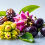 Vários tipos de frutas frescas que começam com a letra D, como tâmaras, pitayas e damascos, dispostos sobre um fundo branco.