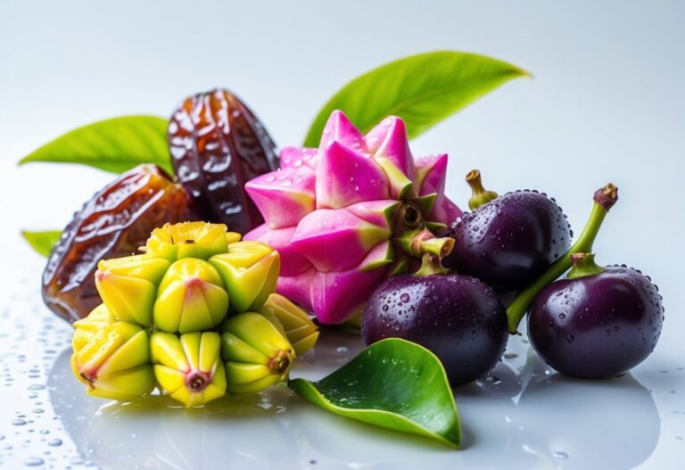 Vários tipos de frutas frescas que começam com a letra D, como tâmaras, pitayas e damascos, dispostos sobre um fundo branco.