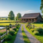 Casa de campo rústica cercada por campos verdes, flores coloridas, árvores e um caminho de cascalho sob céu azul claro.