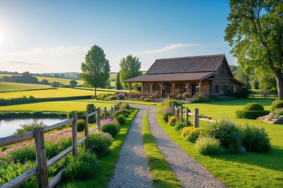 Casa de campo rústica cercada por campos verdes, flores coloridas, árvores e um caminho de cascalho sob céu azul claro.
