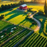 Vista aérea de uma fazenda com campos verdes, animais pastando, um celeiro vermelho e uma casa cercada por árvores ao pôr do sol.