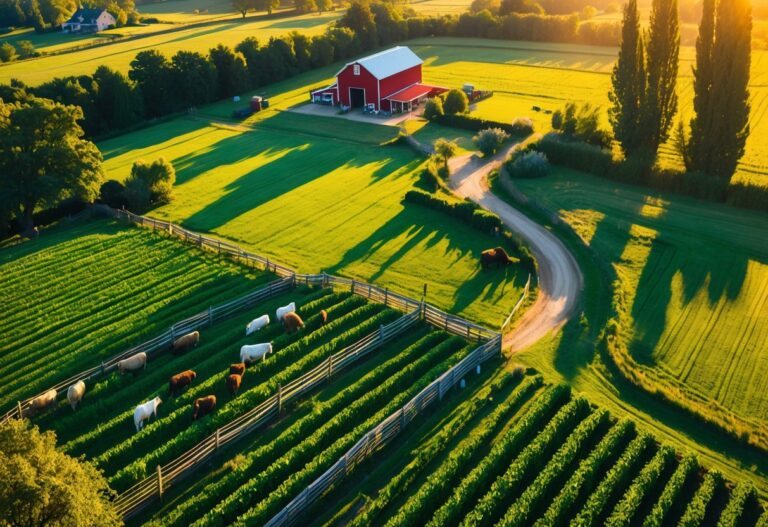 Vista aérea de uma fazenda com campos verdes, animais pastando, um celeiro vermelho e uma casa cercada por árvores ao pôr do sol.
