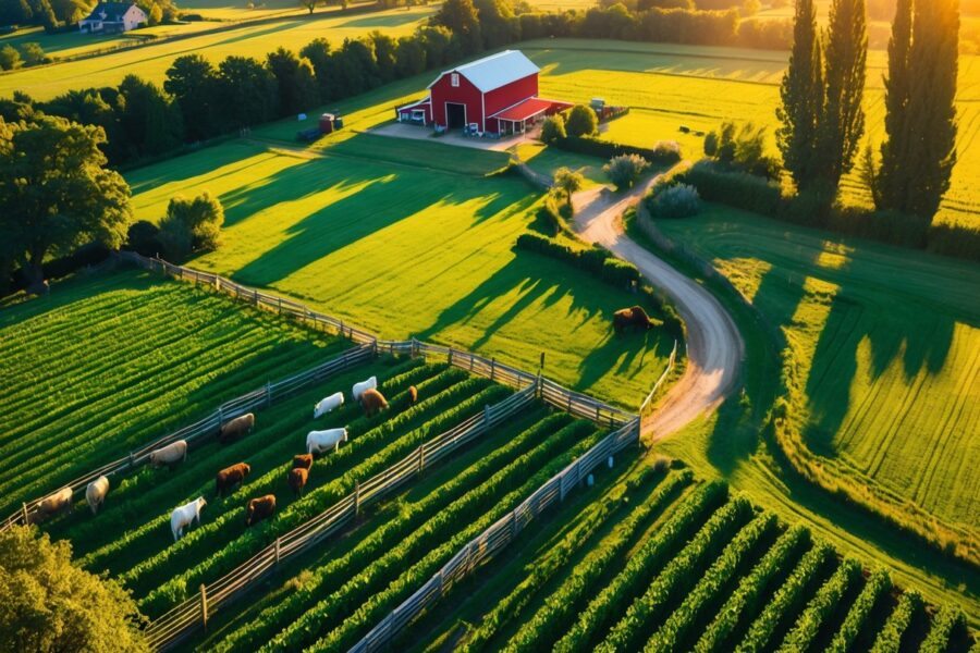 Vista aérea de uma fazenda com campos verdes, animais pastando, um celeiro vermelho e uma casa cercada por árvores ao pôr do sol.