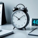 Relógio moderno mostrando o conceito de 48 horas com calendário e itens de escritório ao redor.