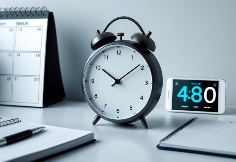 Relógio moderno mostrando o conceito de 48 horas com calendário e itens de escritório ao redor.