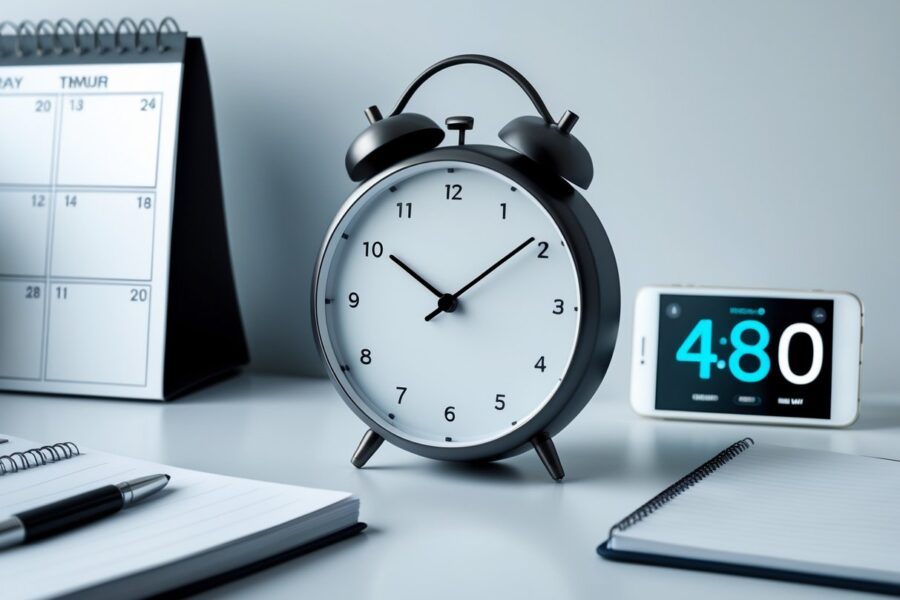 Relógio moderno mostrando o conceito de 48 horas com calendário e itens de escritório ao redor.
