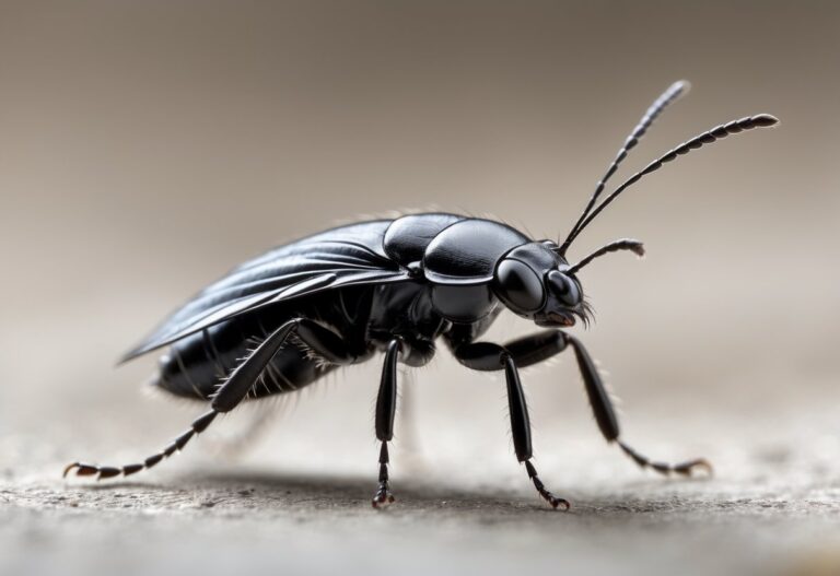 Inseto preto pequeno que parece uma pulga em close-up com fundo desfocado.