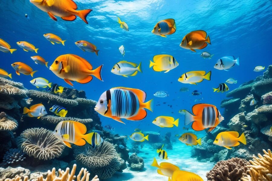 Cena subaquática com vários peixes coloridos nadando entre corais e plantas marinhas.