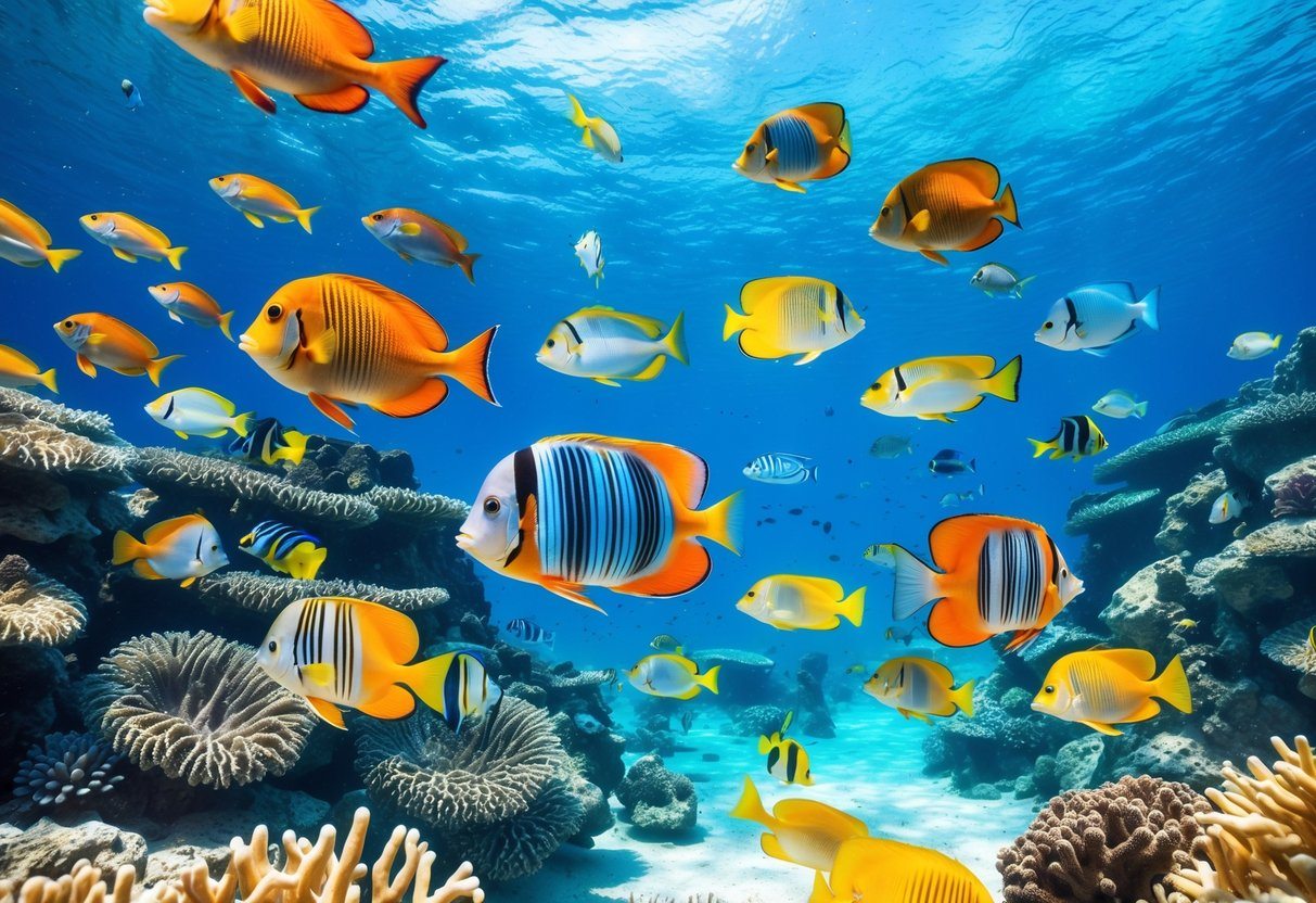 Cena subaquática com vários peixes coloridos nadando entre corais e plantas marinhas.