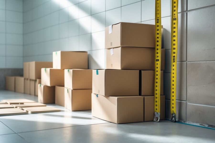 Caixas de cerâmica empilhadas ao lado de uma fita métrica estendida, com uma parede parcialmente revestida de azulejos ao fundo.