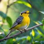 Um pássaro bem-te-vi colorido pousado em um galho cercado por folhas verdes em um ambiente natural.