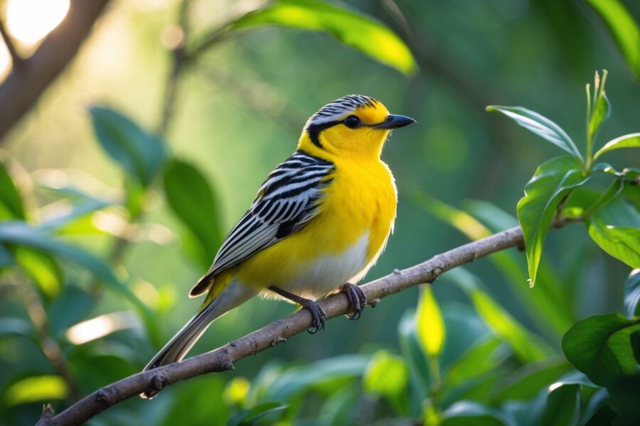 Um pássaro bem-te-vi colorido pousado em um galho cercado por folhas verdes em um ambiente natural.