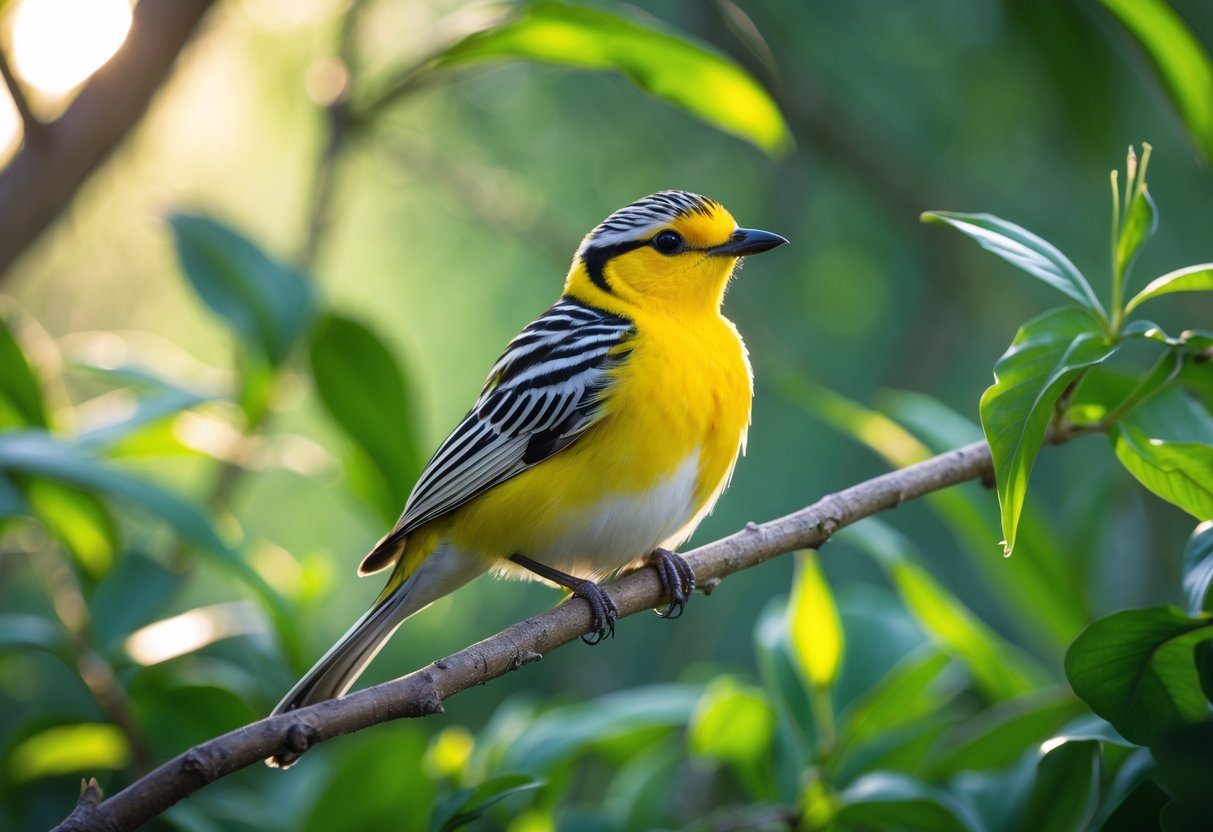 Um pássaro bem-te-vi colorido pousado em um galho cercado por folhas verdes em um ambiente natural.
