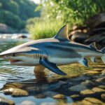 Um tubarão de água doce nadando em um rio claro com plantas e pedras ao redor.