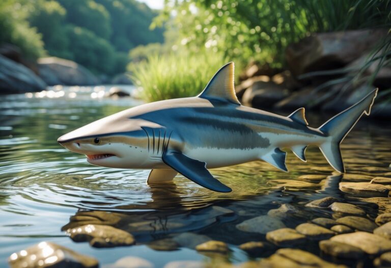 Um tubarão de água doce nadando em um rio claro com plantas e pedras ao redor.