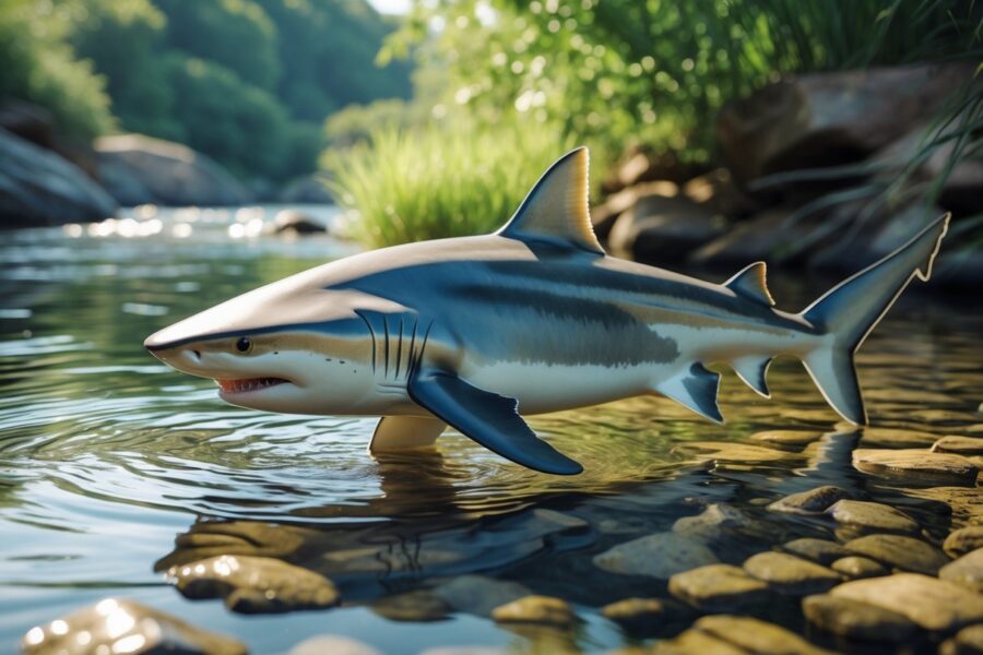 Um tubarão de água doce nadando em um rio claro com plantas e pedras ao redor.