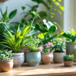 Várias plantas saudáveis em vasos sobre uma mesa de madeira com luz natural entrando pela janela.