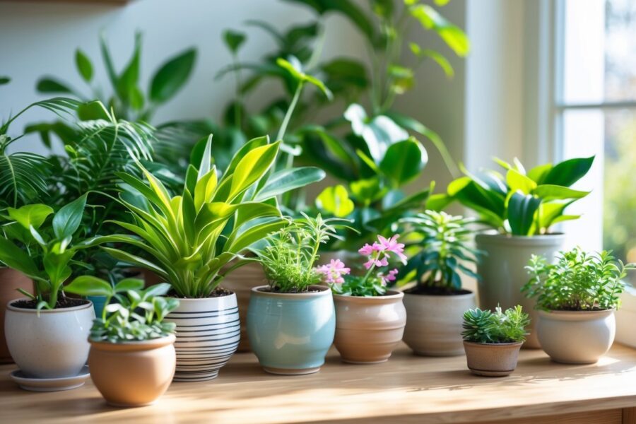 Várias plantas saudáveis em vasos sobre uma mesa de madeira com luz natural entrando pela janela.