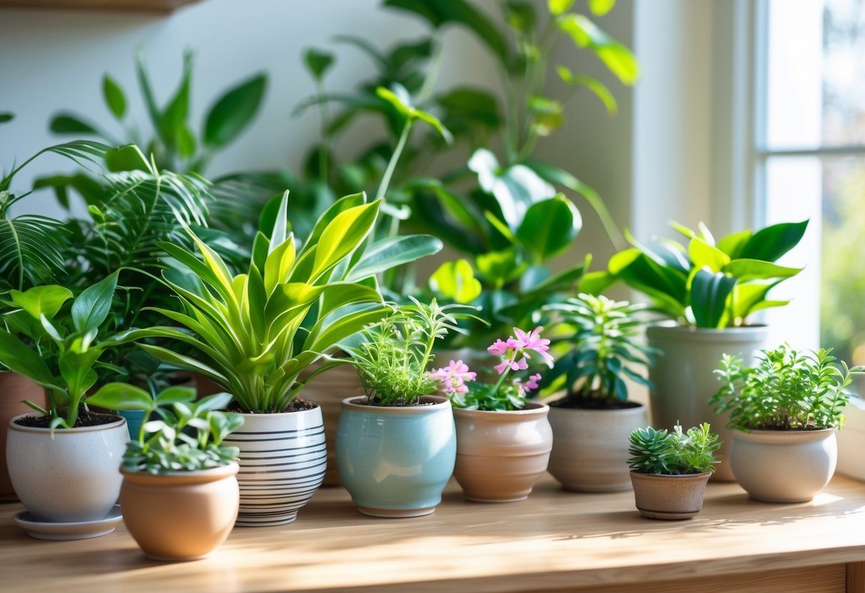 Várias plantas saudáveis em vasos sobre uma mesa de madeira com luz natural entrando pela janela.
