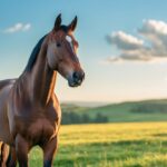 Cavalo majestoso em um campo aberto iluminado pelo sol ao entardecer, com colinas verdes ao fundo.