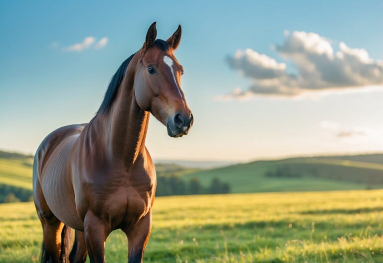 Cavalo majestoso em um campo aberto iluminado pelo sol ao entardecer, com colinas verdes ao fundo.