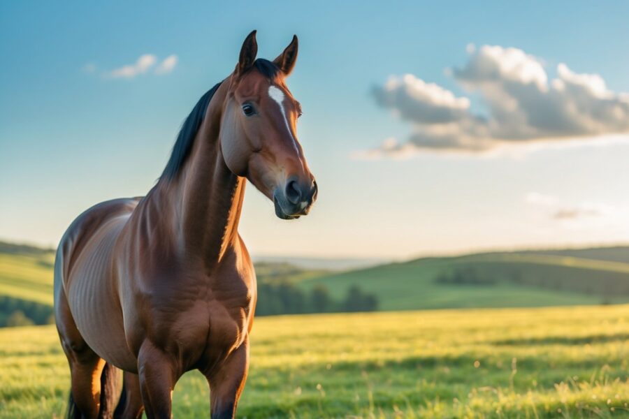 Cavalo majestoso em um campo aberto iluminado pelo sol ao entardecer, com colinas verdes ao fundo.