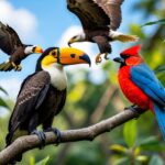 Vários pássaros famosos coloridos empoleirados em galhos de árvores em uma floresta verde.