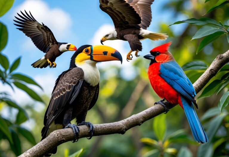 Vários pássaros famosos coloridos empoleirados em galhos de árvores em uma floresta verde.