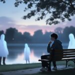 Pessoa sentada sozinha em um banco de parque ao entardecer, olhando pensativa para o horizonte, com figuras translúcidas de outra pessoa ao redor, representando memórias ou sonhos.