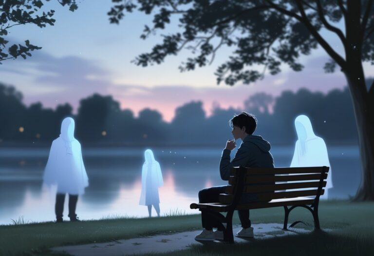 Pessoa sentada sozinha em um banco de parque ao entardecer, olhando pensativa para o horizonte, com figuras translúcidas de outra pessoa ao redor, representando memórias ou sonhos.