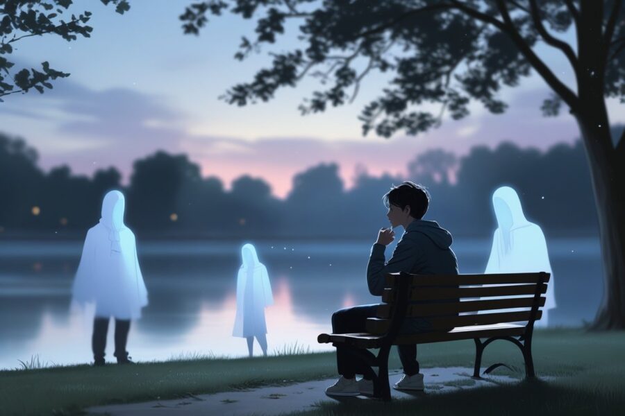 Pessoa sentada sozinha em um banco de parque ao entardecer, olhando pensativa para o horizonte, com figuras translúcidas de outra pessoa ao redor, representando memórias ou sonhos.