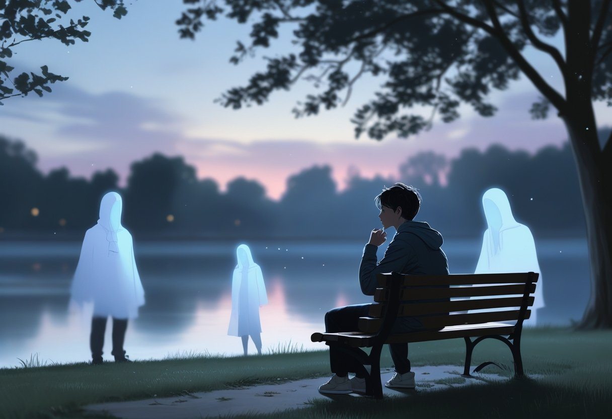 Pessoa sentada sozinha em um banco de parque ao entardecer, olhando pensativa para o horizonte, com figuras translúcidas de outra pessoa ao redor, representando memórias ou sonhos.
