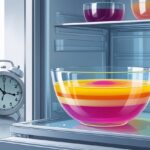 Uma tigela de gelatina colorida dentro de uma geladeira com um relógio ao lado mostrando a passagem do tempo.