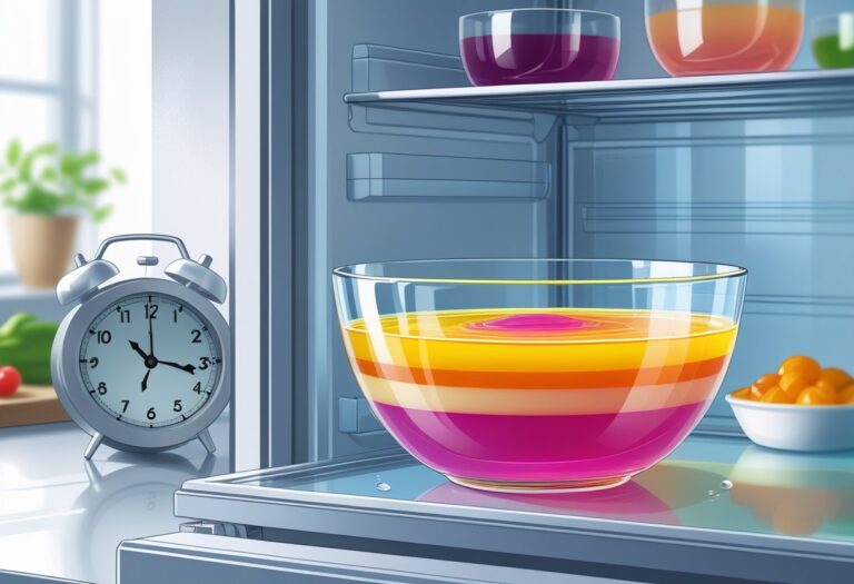 Uma tigela de gelatina colorida dentro de uma geladeira com um relógio ao lado mostrando a passagem do tempo.
