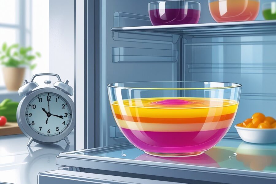 Uma tigela de gelatina colorida dentro de uma geladeira com um relógio ao lado mostrando a passagem do tempo.