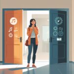 Mulher jovem pensativa em um corredor diante de duas portas abertas, cada uma representando uma escolha diferente.