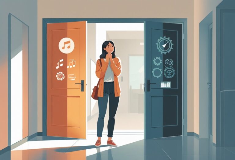 Mulher jovem pensativa em um corredor diante de duas portas abertas, cada uma representando uma escolha diferente.