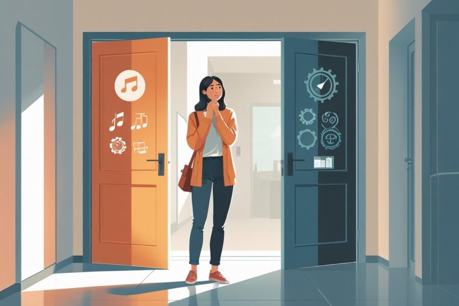 Mulher jovem pensativa em um corredor diante de duas portas abertas, cada uma representando uma escolha diferente.