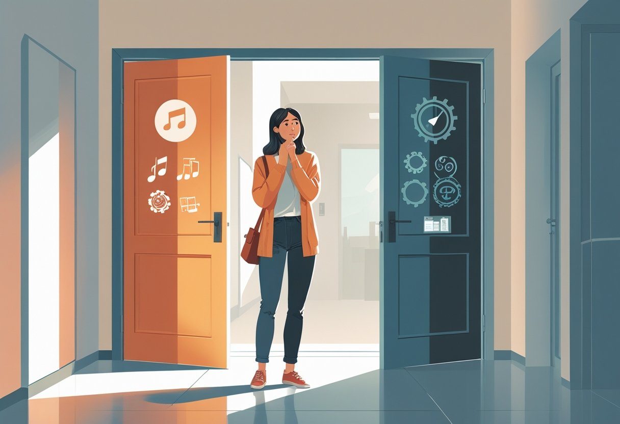 Mulher jovem pensativa em um corredor diante de duas portas abertas, cada uma representando uma escolha diferente.