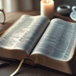 Uma Bíblia aberta sobre uma mesa de madeira com óculos de leitura, uma vela acesa e uma xícara de café ao redor.