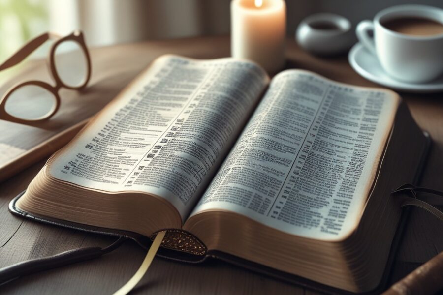 Uma Bíblia aberta sobre uma mesa de madeira com óculos de leitura, uma vela acesa e uma xícara de café ao redor.