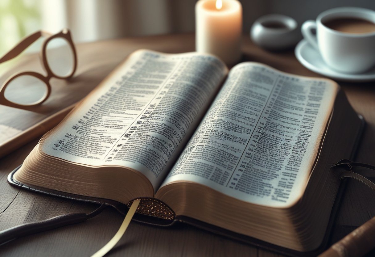 Uma Bíblia aberta sobre uma mesa de madeira com óculos de leitura, uma vela acesa e uma xícara de café ao redor.