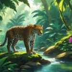 Onça-pintada em pé sobre uma pedra coberta de musgo, cercada pela floresta amazônica com árvores, plantas tropicais e um rio ao fundo.