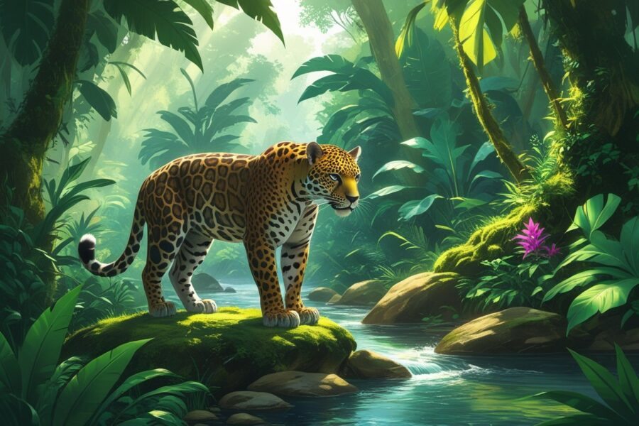 Onça-pintada em pé sobre uma pedra coberta de musgo, cercada pela floresta amazônica com árvores, plantas tropicais e um rio ao fundo.