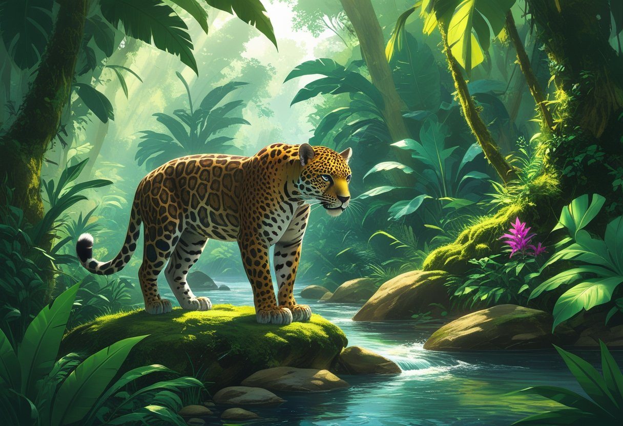 Onça-pintada em pé sobre uma pedra coberta de musgo, cercada pela floresta amazônica com árvores, plantas tropicais e um rio ao fundo.