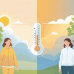 Duas pessoas em ambientes divididos, uma com roupa leve sob sol suave e outra com jaqueta leve, representando a sensação de 20 graus Celsius.